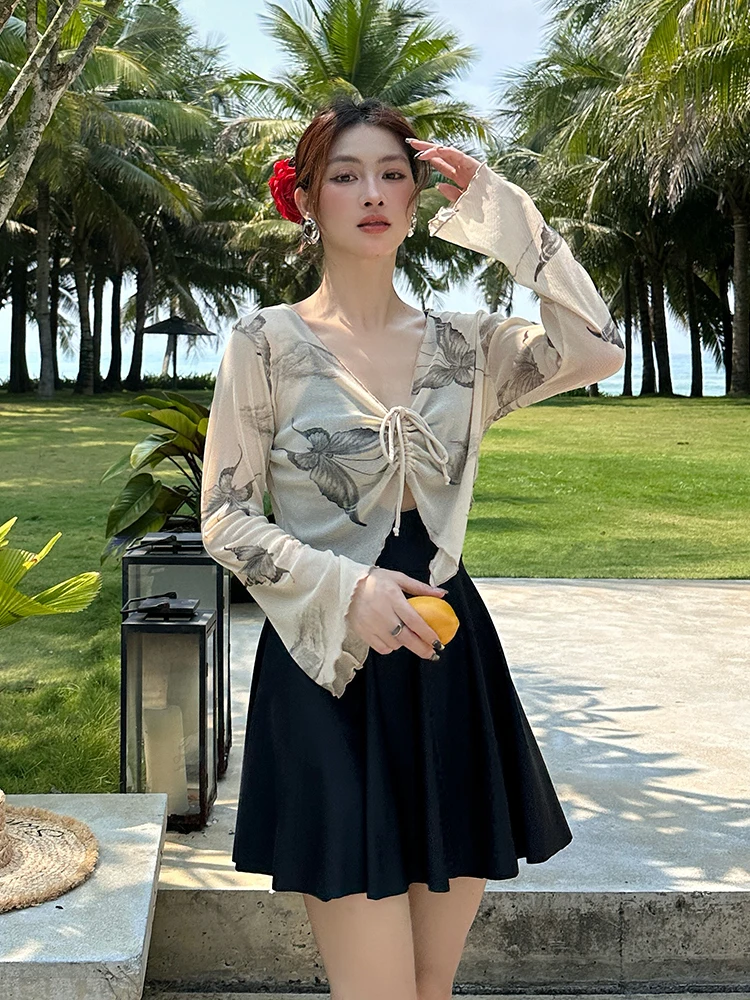 

Сексуальный купальник без бретелек, женский комплект из двух предметов с длинными рукавами, защита от солнца, пляжный отдых, модный, больших размеров для женщин.