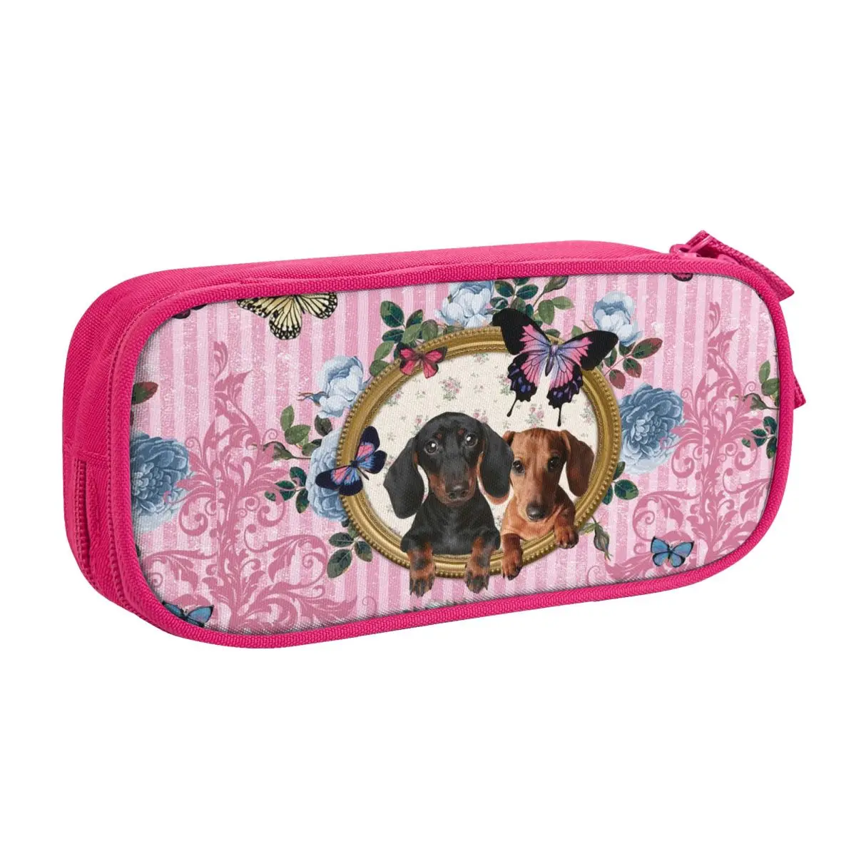 Custom Dachshund Dog And Butterfly Pencil Case for Boy Girl Big Capacity Badger Wiener Sausage Pen Box Bag Stationery