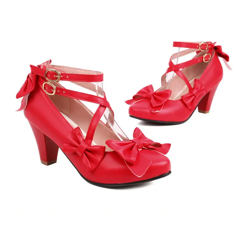 Lolita Cross Strap High Heel Shoes Bow Decor JK Uniform Tea Party Fairy Leather Shoes Spring Autumn Women Plus Size Footwear