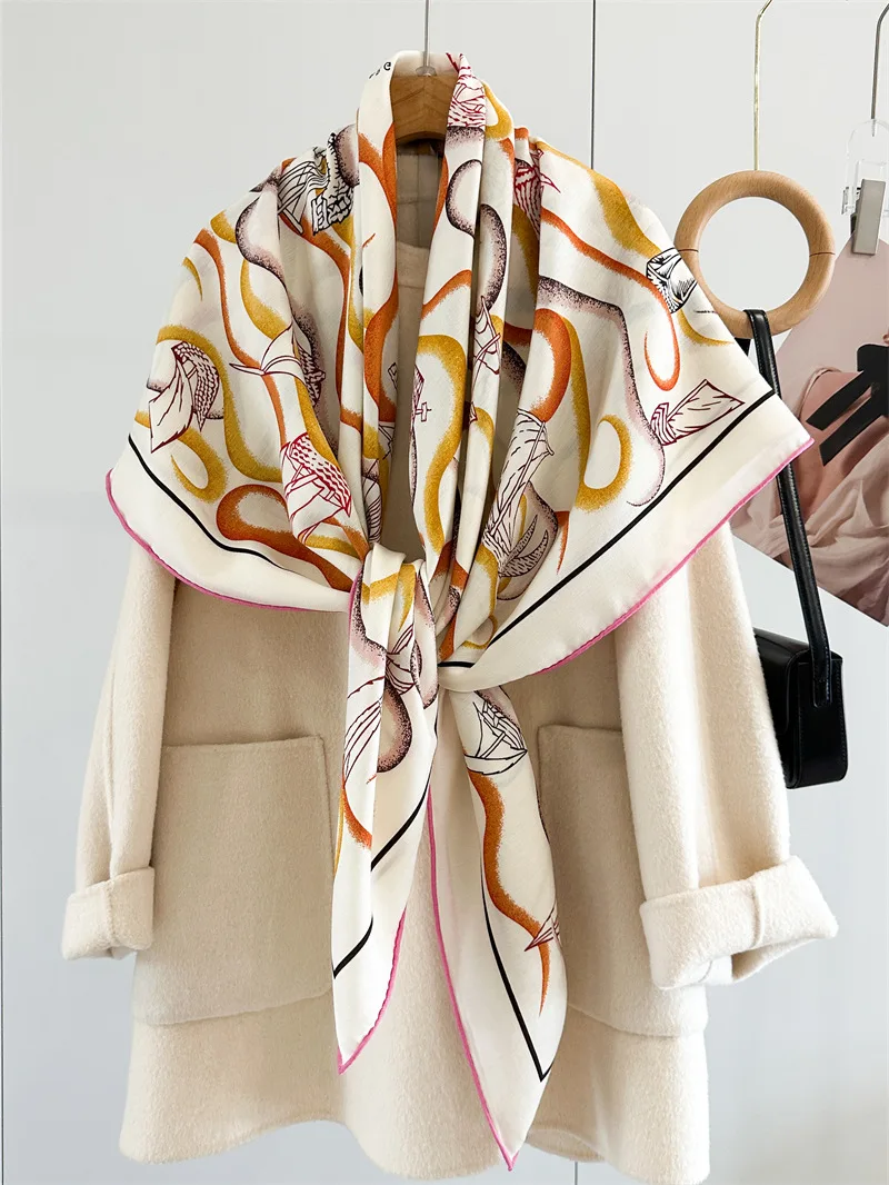Wool Silk Scarf 135CM Women Hand rolled Edges Shawls Warm Soft Pashmina Oversized Wrap Stole 2 Faced Print