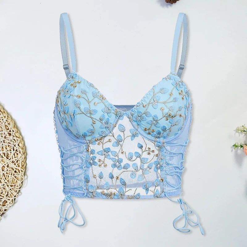 Women Blue Camisole Vest Bra Embroidery Flower Corsets Slim Fit Versatile Lady Corset Top Sexy Lace Rayon Ultra-Thin Thick Bra