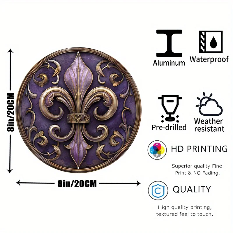 علامة الألومنيوم Fleur De Lis إكليل ، ديكور حائط معدني مطبوع HD مقاوم للماء ، ثقوب مسبقة الحفر للمنزل ، مقهى ، 1! #5