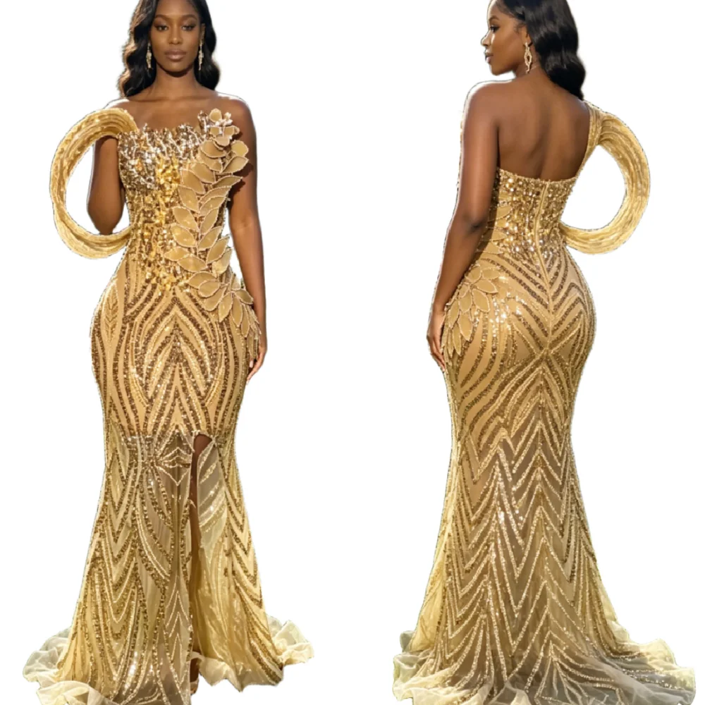Gold One Shoulder Mermaid Prom Dress Loop Strap 3D Leaf Floral Beaded Chevron Sequin High Slit Evening Gowns Luxury Formal Party
