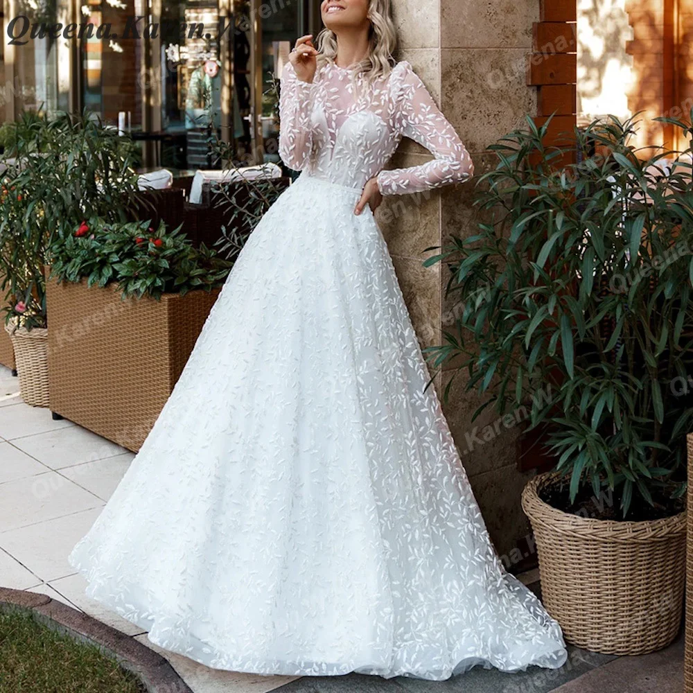 Elegant Boho Wedding Dress long sleeve high neck lace applique bride dress robe de mariee A line Wedding Bridal Gown