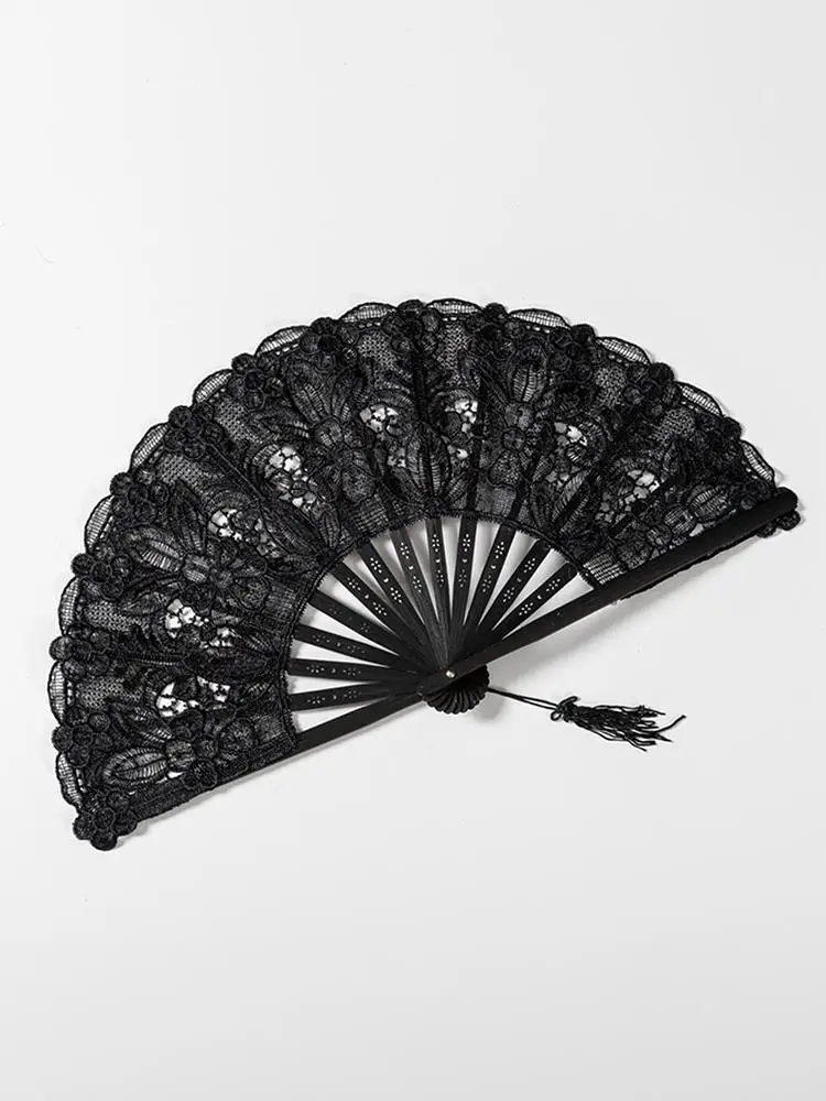 Éventail pliant en dentelle élégant avec pompon pour femmes, accessoire de spectacle de danse européenne Vintage, Portable, pour l'été