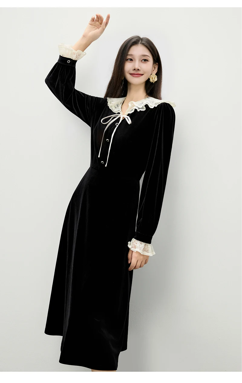 Sukienka damska Fengbaoyu z luksusowego jedwabiu aksamitnego z koronkowym wykończeniem, styl Hébó, elegancka, pełna wdzięku, francuska retro romantyczna sukienka codzienna.