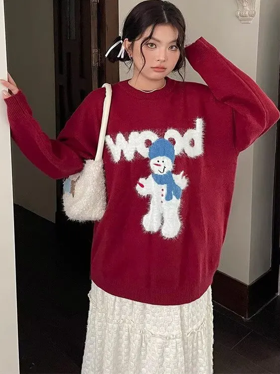 

Cisas Heavy Work Snowman Sweater Women's Autumn Winter Soft Loose Lazy Sle Knitted irt Warm Thermal Long Sve round...