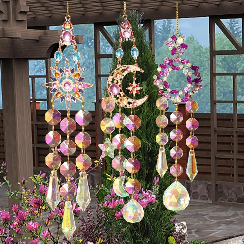 Sun Catcher Ornament Star Moon Wreath Gardening Light Colored Diamond Dream Catchers Home Art Craft Decor For Living Room Garden