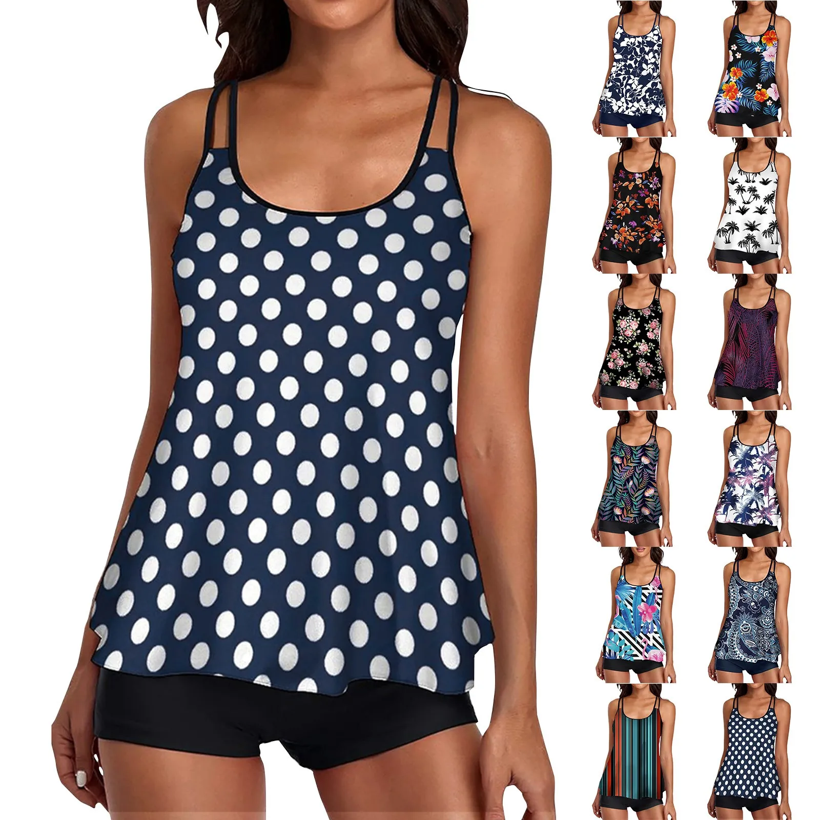 طقم تانكيني نسائي بطباعة استوائية ، طقم مايوه مكون من قطعتين ، حمالات قابلة للتعديل مع شورت مطاطي ، كاجوال ، جديد ، #2