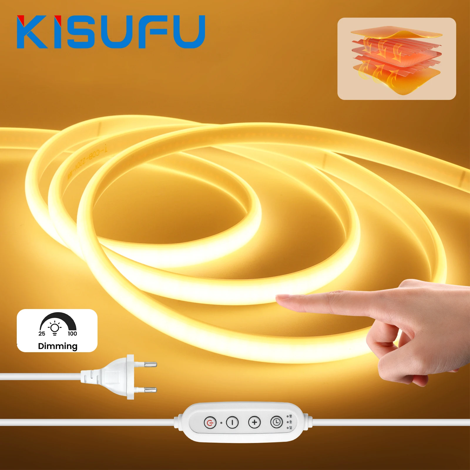Dimmable 220V 230V COB LED Strip With Dimmer/Switch/Timer Plug 288LEDs/M IP65 Waterproof Flexible Lamp Linear Lighting 35M-1M