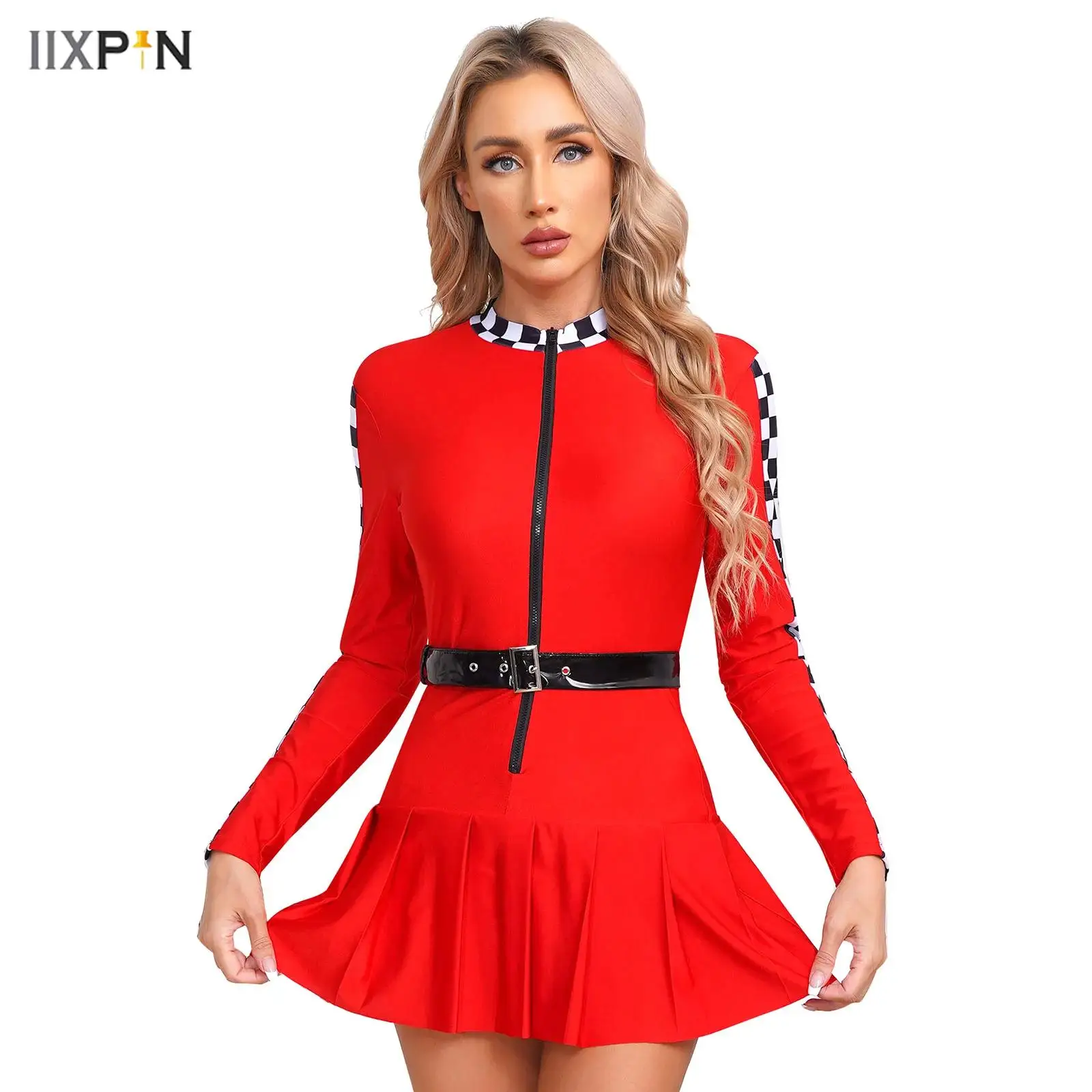 

Womens Checkerboard Racer Dress Clubwear Long Sleeve Zipper Pleated Mini Skirt Racing Driver Dress with Belt Halloween Cosplay