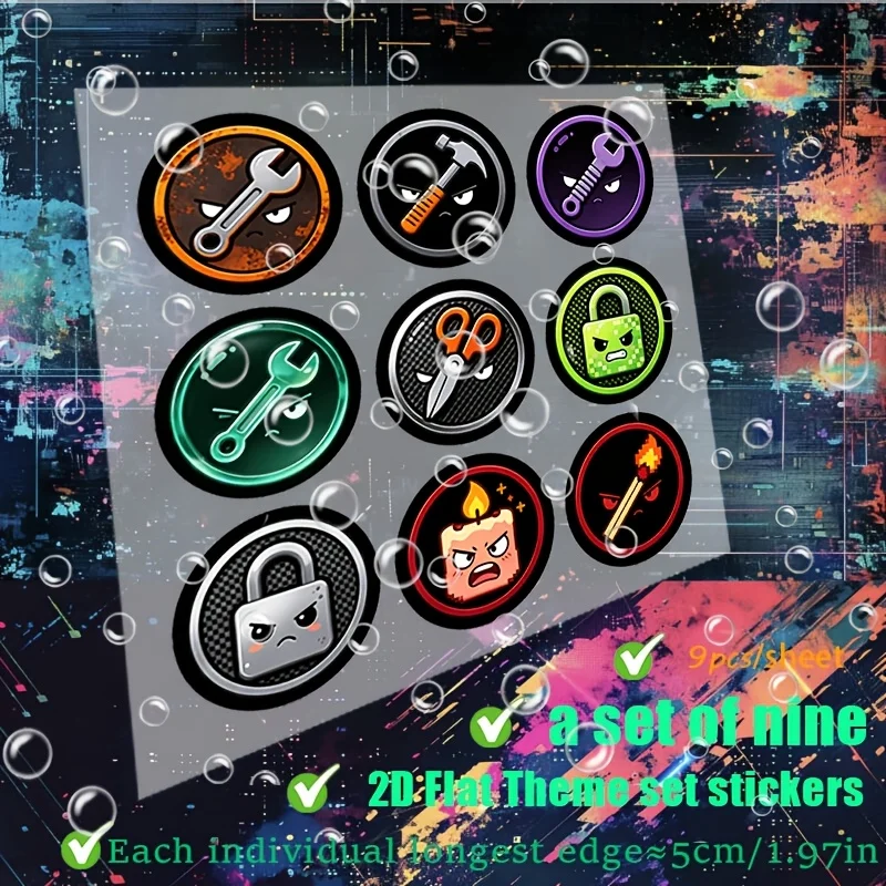 9Pcs 2D Flat Angry Tool Lock Round Waterproof Vinyl Stickers Scissors Candle Wrench Decals Holiday Gift For Car Laptop