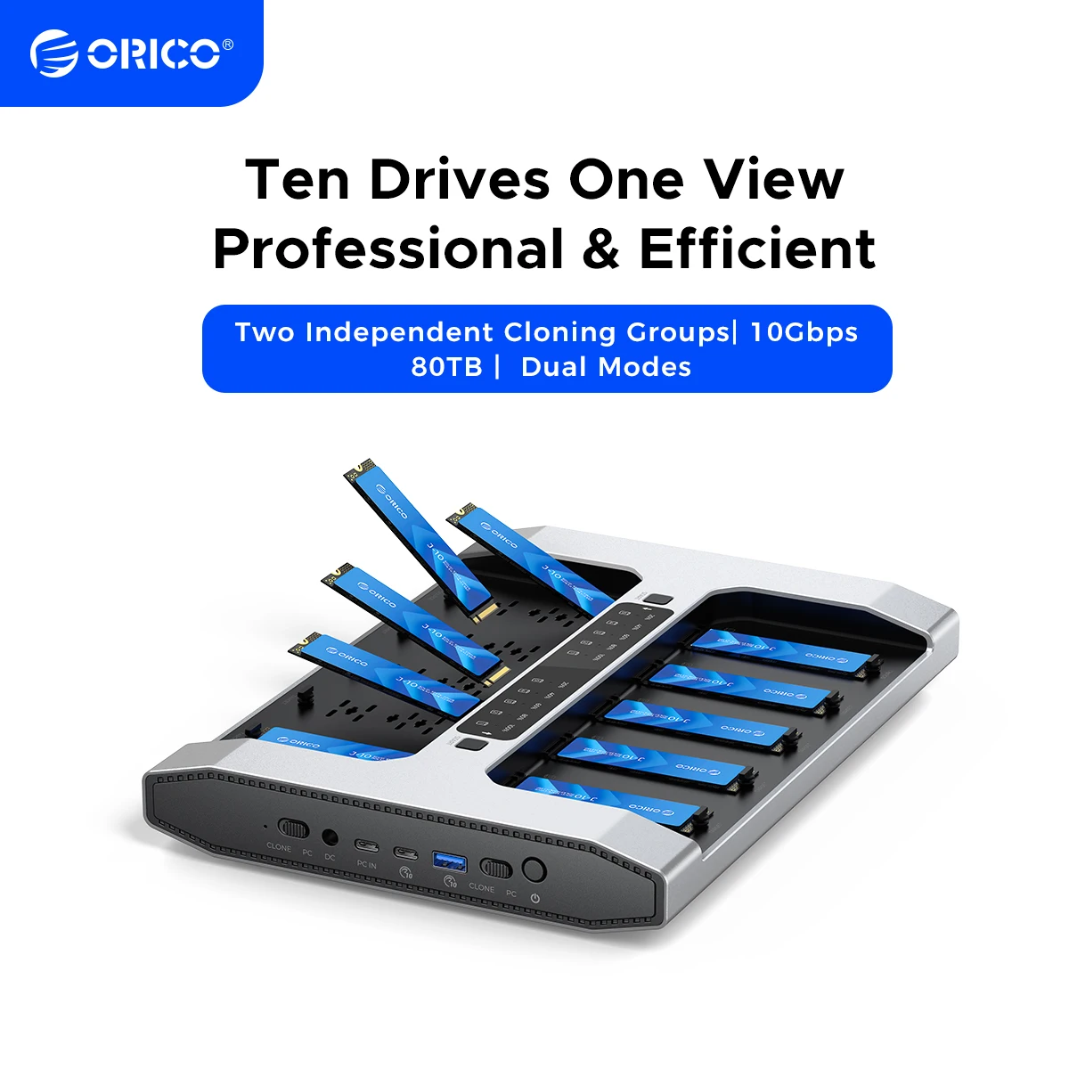 ORICO 10Gbps 10 Bay M.2 SATA SSD Cloner Enclosure Aluminum M.2 Duplicator Offline Clone USB3.2 Gen 2 Docking Station 80TB MAX