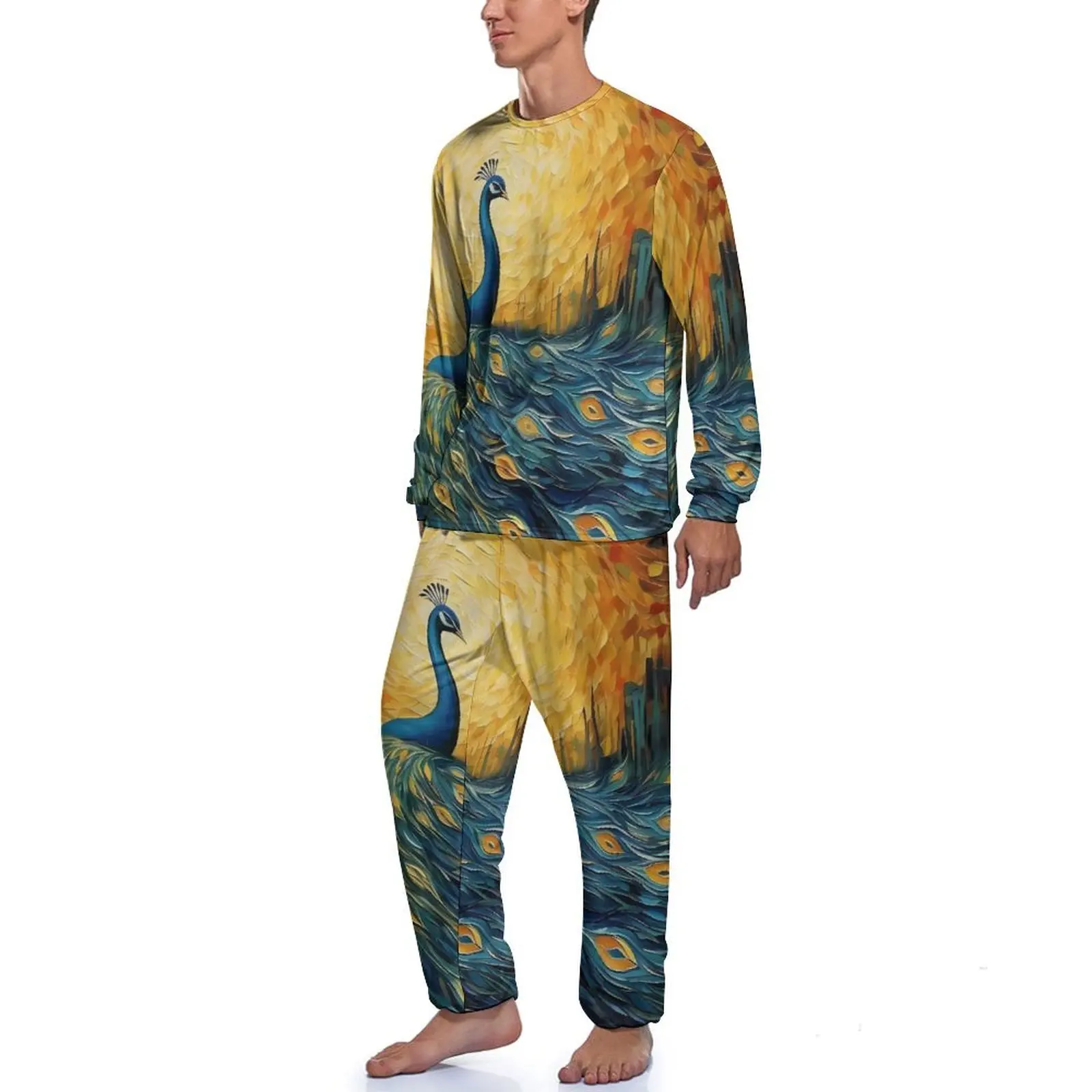 Fantasy Painting About Peacock Pajamas  Mens Long-Sleeve Trendy Pajamas Set 2 Piece Sleep Spring Graphic Home Suit Birthday Gift