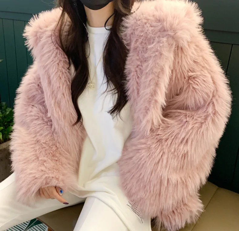 

Open Stitch Women Faux Fur Short Coat Thick Warm Full Sleeve Hooded Coats Elegant Jackets Fox Coats Autumn Winter Casual Loose