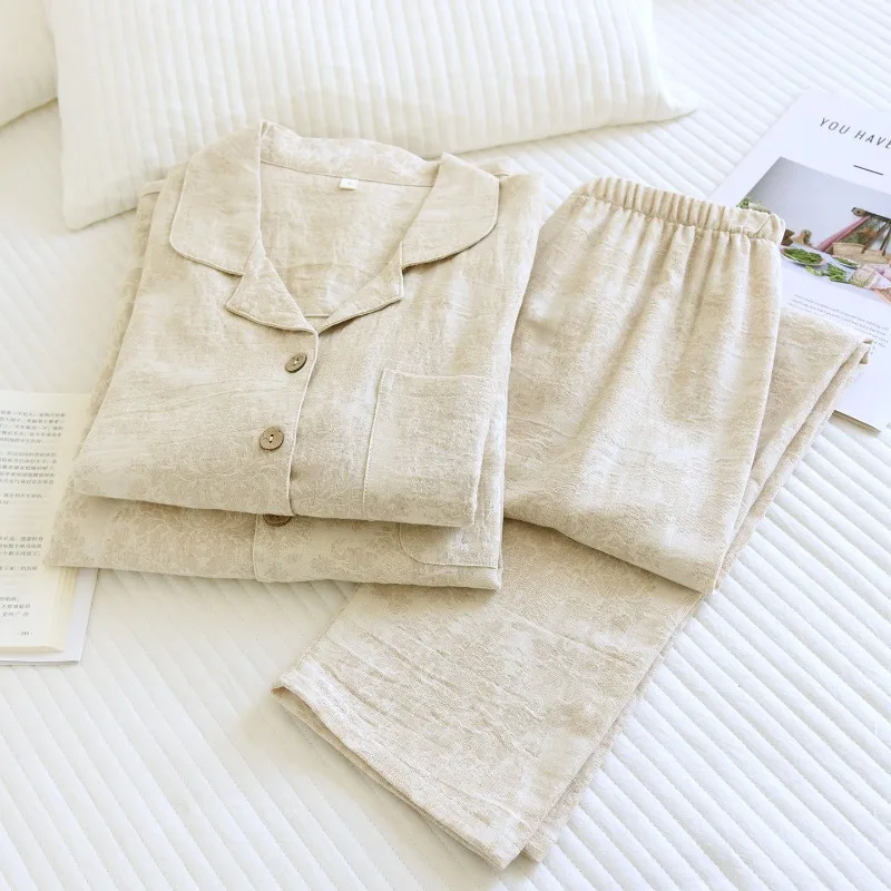 Jacquard Pajama Set for Couples Textured Cotton Linen Sleepwear Men Women Minimalist Japanese Style 2 Piece Loungewear Suit