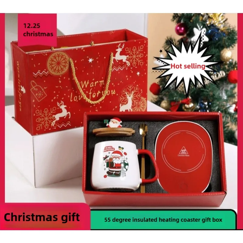 

Christmas gift set: 55-degree warm ceramic cup with lid,Santa Claus mug,office coffee cup