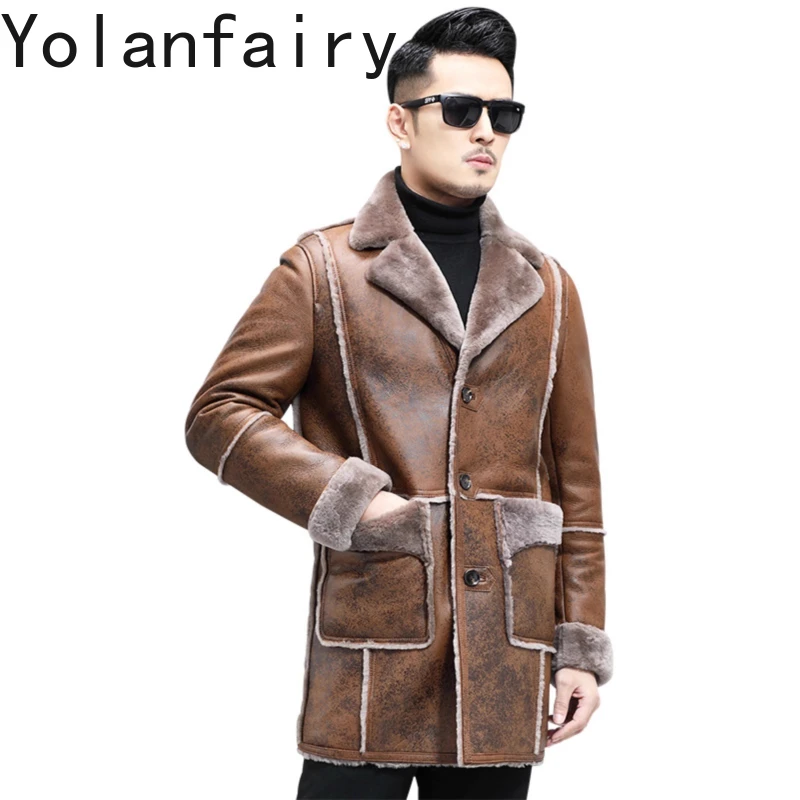 YOLANFAIRY Original Natural Fur Coat Man Top Quality Real Sheep Shearling Jackets Men Winter Mid-length Genuine Leather Jacket