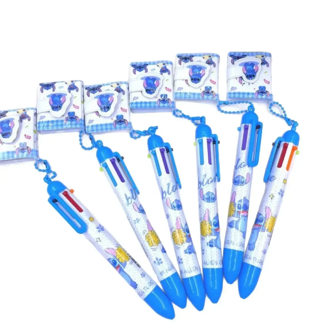 Disney Stitch 6color Ballpoint Pen Pendant Mini Notebook, High-Value Cartoon Retractable Multi-Color Pen for Students' Journals