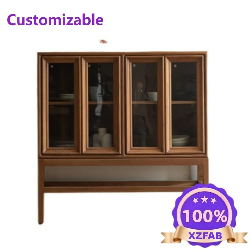 Factory Direct 2026 Retro style living room dining side cabinet, teak glass bookcase, solid wood display storage locker