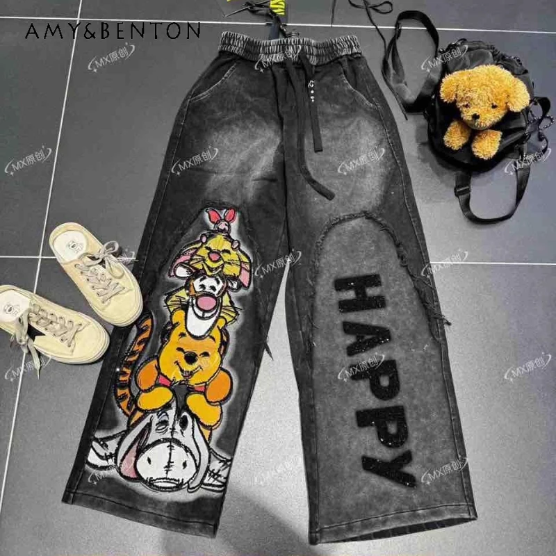 

Autumn New Heavy Industry Washed Cartoon Jeans Wide-leg Pants Slimming Casual Straight-leg Denim Trousers Y2k Kawaii Clothes