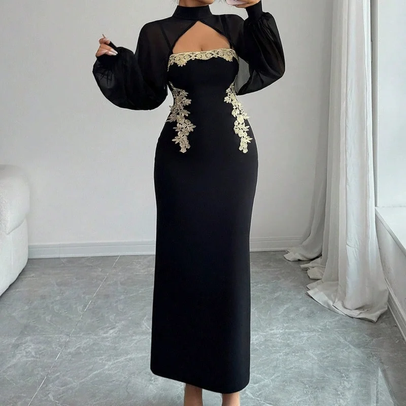 2026 Black And Gold Embroidered Dress, Mesh Patchwork, Long Sleeves, Smart Fit, Elegant Long Clothes For Women. Clothing Party