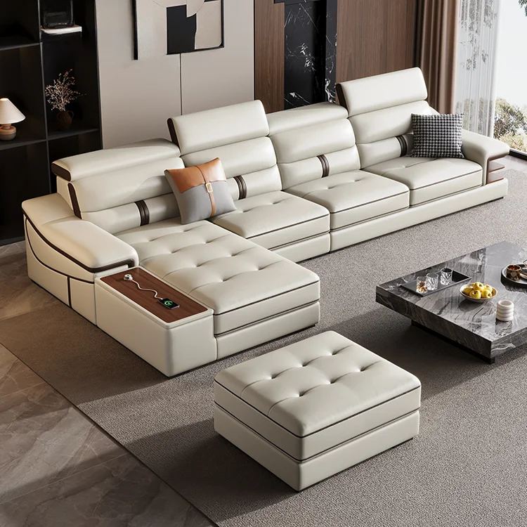 #Modern Italian L-Shape Leather Sofa Set Luxury Villa Applicable Simple Living Room Combination Function Sponge Filling Material
