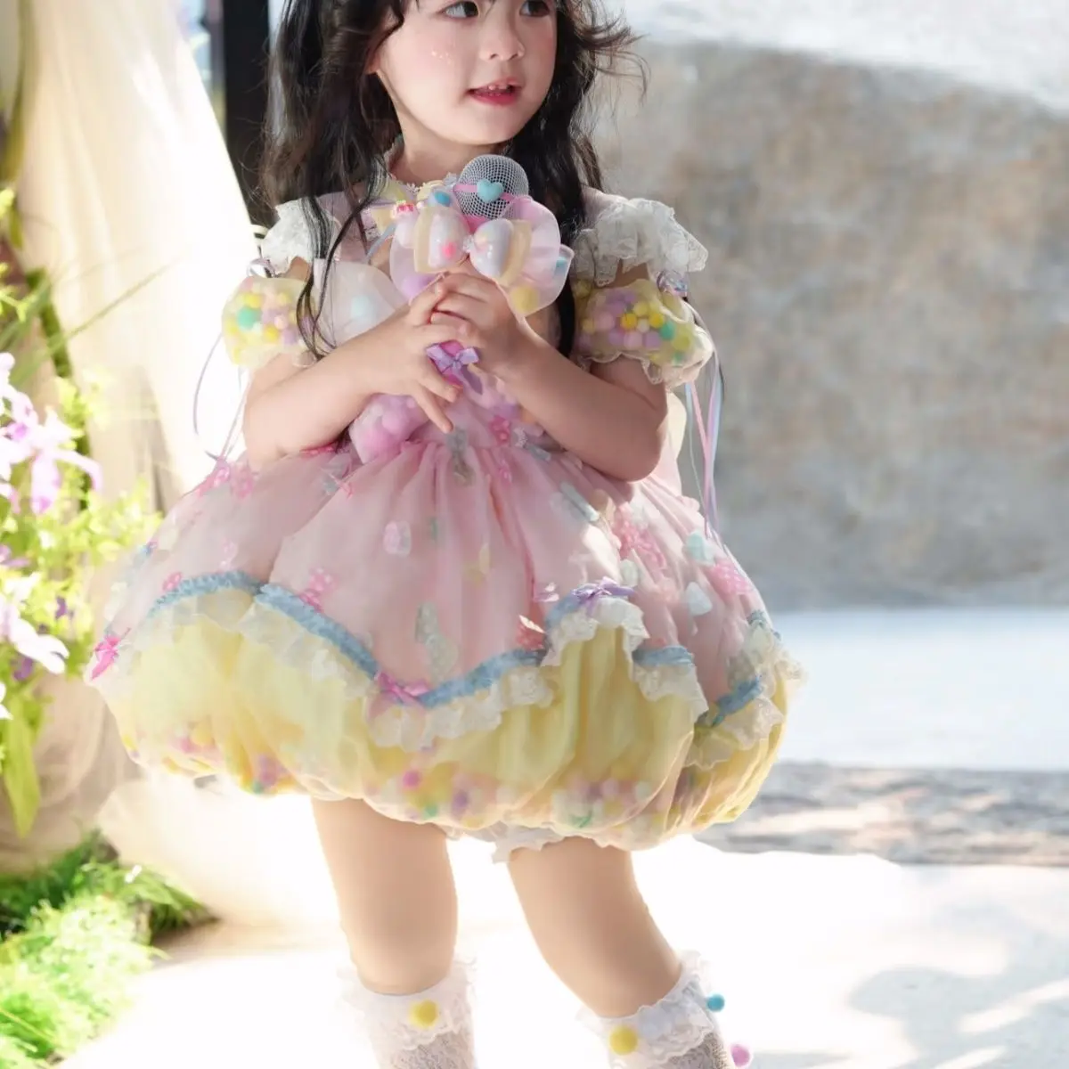 Summer Puff Sleeve Lolita Ball Gown Rainbow Dress Girls Kids Sets Princess Skirts Birthday Party Childrens Gauze Clothing Sundre