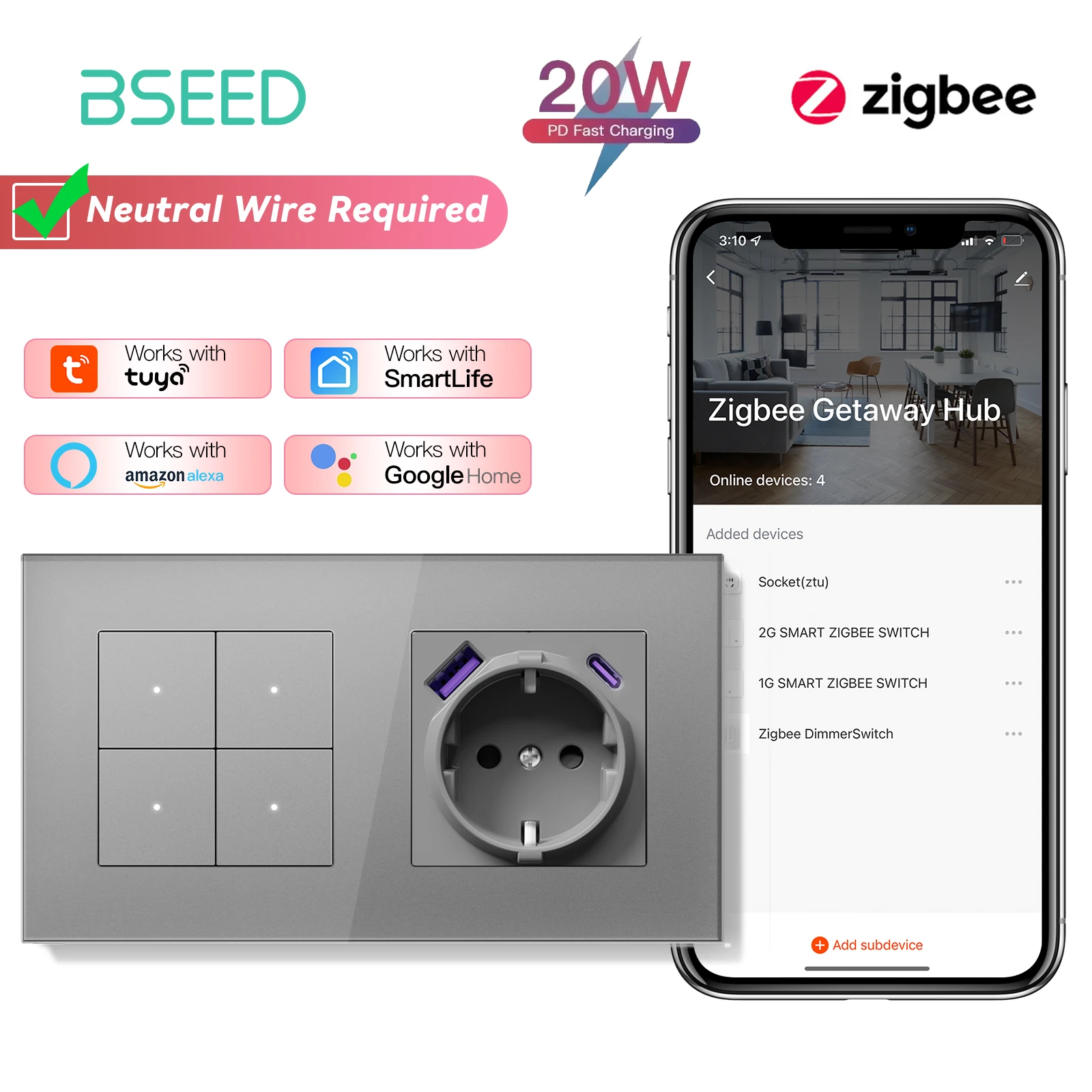 BSEED Zigbee 1/2/3/4Gang Smart Click Button Switches Tuya Alice Lichtschalter mit EU-Wandsteckdosen USB AC-Anschlüssen Glasplatten 7