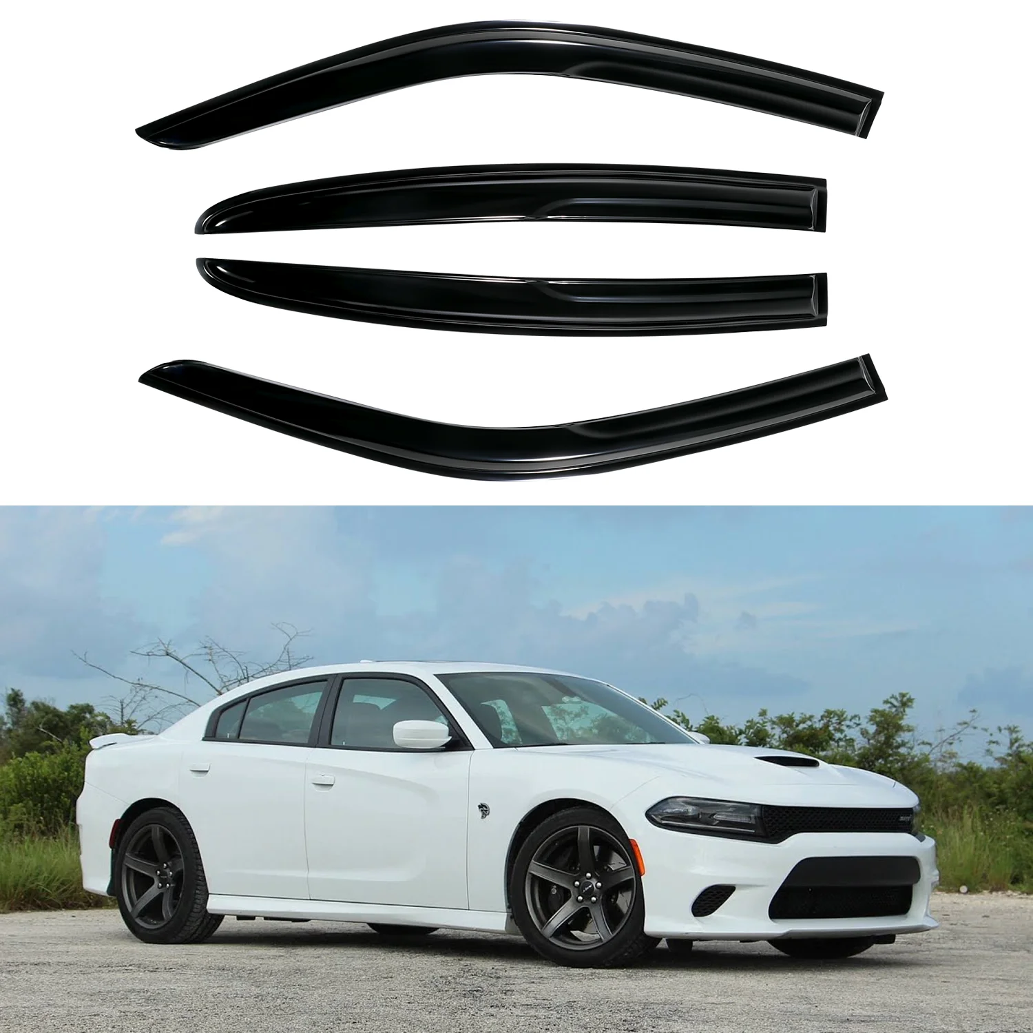 

For Dodge Charger 4-Door Sedan 2011-2023 Tinted Wind Deflectors 4pcs Set Visor Rain Guards with Drain Channels 1.5MM Thickness