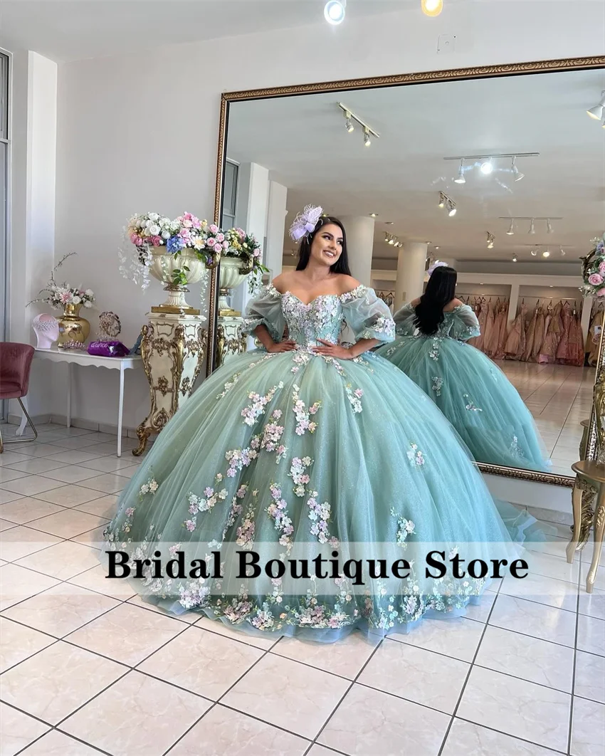 Elegant Green Quinceanera Dress 2024 Beads Flower Appliques Ball Gown Birthday Dress Vestidos De 15 Años Customized