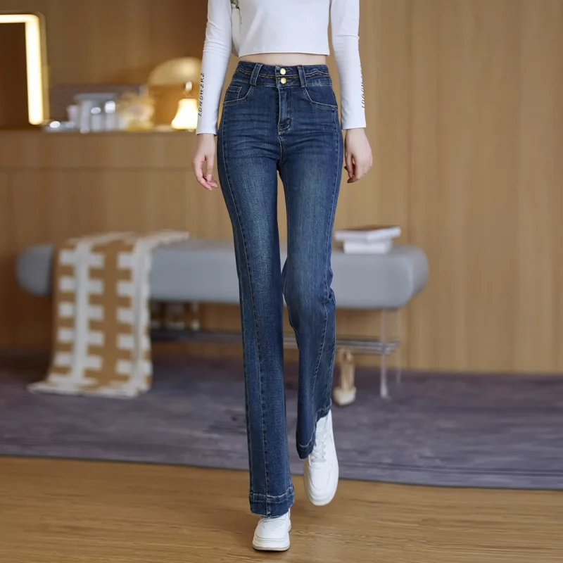 جينز أزرق من الدنيم للنساء والشتاء، سروال أنيق كاجوال بطول الأرض بأرجل مستقيمة #6