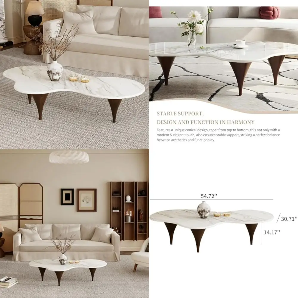 

Современный журнальный столик с уникальным волнистым дизайном, столешницей из спеченного камня и металлическими ножками с отделкой под дерево