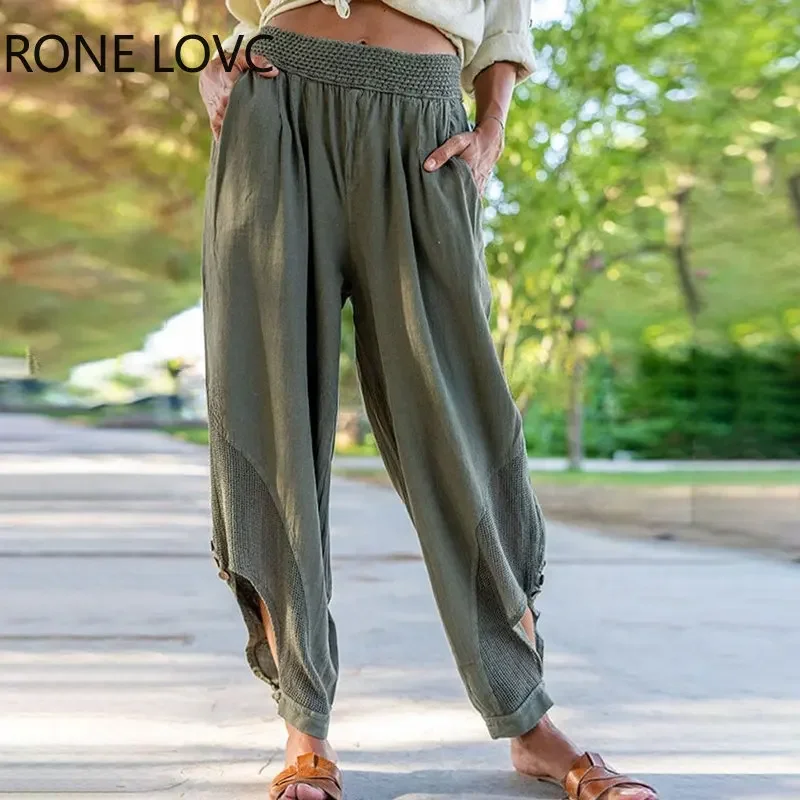 

Women Solid Casual Elastic Waist Pocket Hollow Out Loose Fit Ankle Length Pants