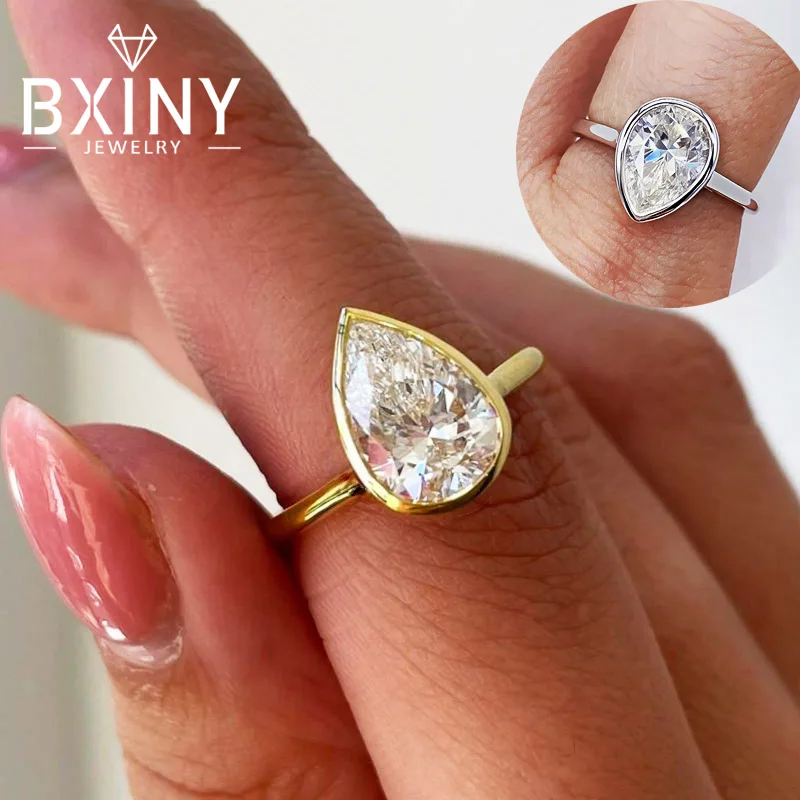 

BXINY GRA Certified 2CT Pear Cut Moissanite RingS 925 Sterling Silver Bezel Set Lab Diamond Solitaire Wedding BandS Fine Jewelry