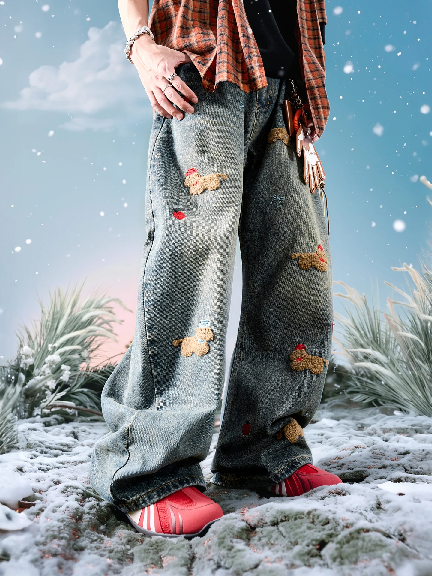 

Nuthink American Sle Loose Leg Wide Leg Jeans Men's Loose Embroidered Waed out Casual Cotton Polyester Blend Jeans