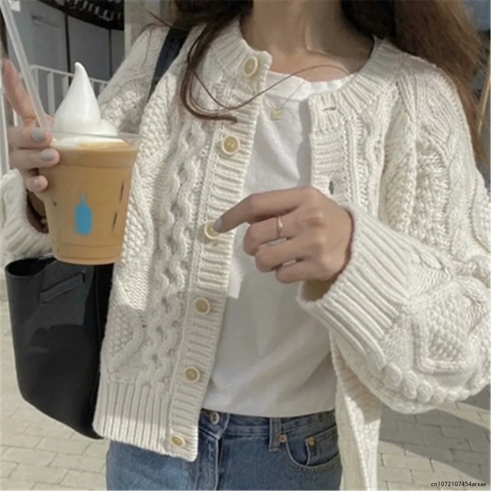 

2023 Women Knitted Cardigan Sweater Korean Autumn Winter Cardigan Sweater Coat Round Neck Single Breasted Loose Long Sleeve Coat