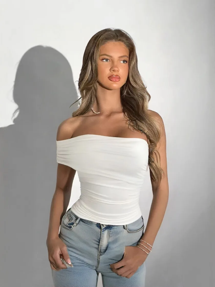 

Summer New Faion Ladies Slim Fit Color One oulder ter T irt Sli Pure Color Top for Women Asymmetrical Design