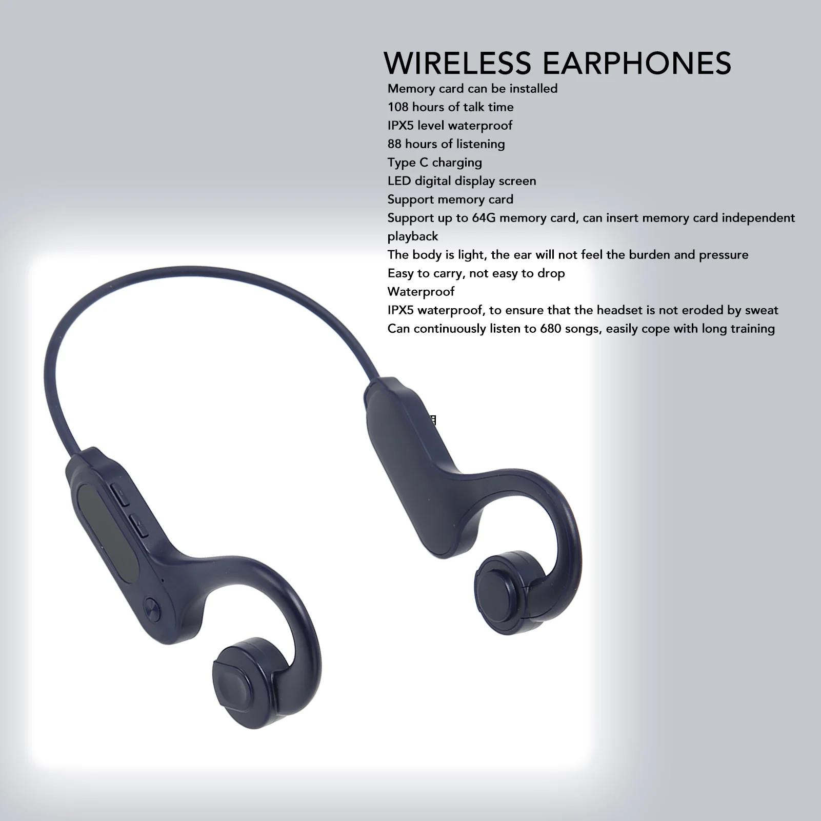 Wireless Earphones LED Digital Display IPX5 Waterproof Supports Up To 64G Memory Card Bone Conduction Headphones for Sports