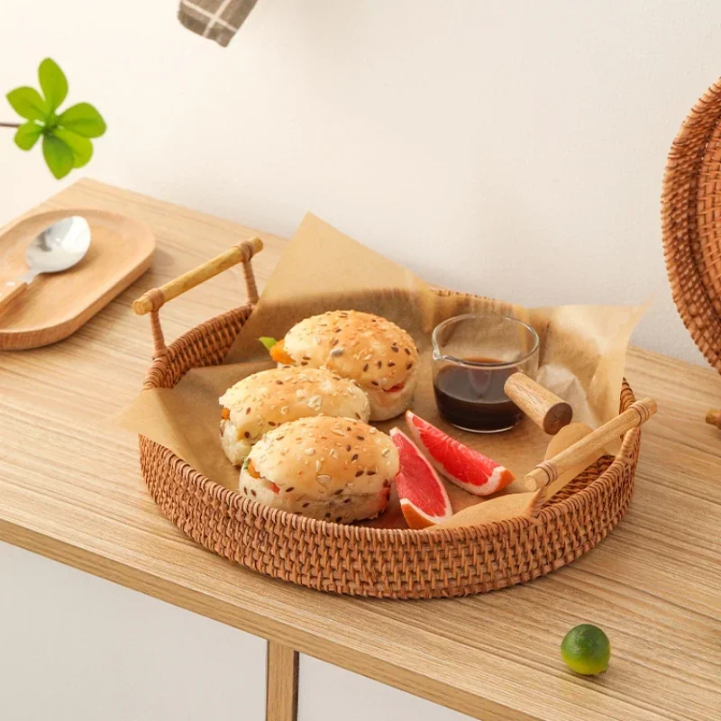 

Handmade Rattan Trays Handmade Woven Storage Trays Fruit Plate and Snack Tray Tea Dessert Tray for Home Tabletop Organizer