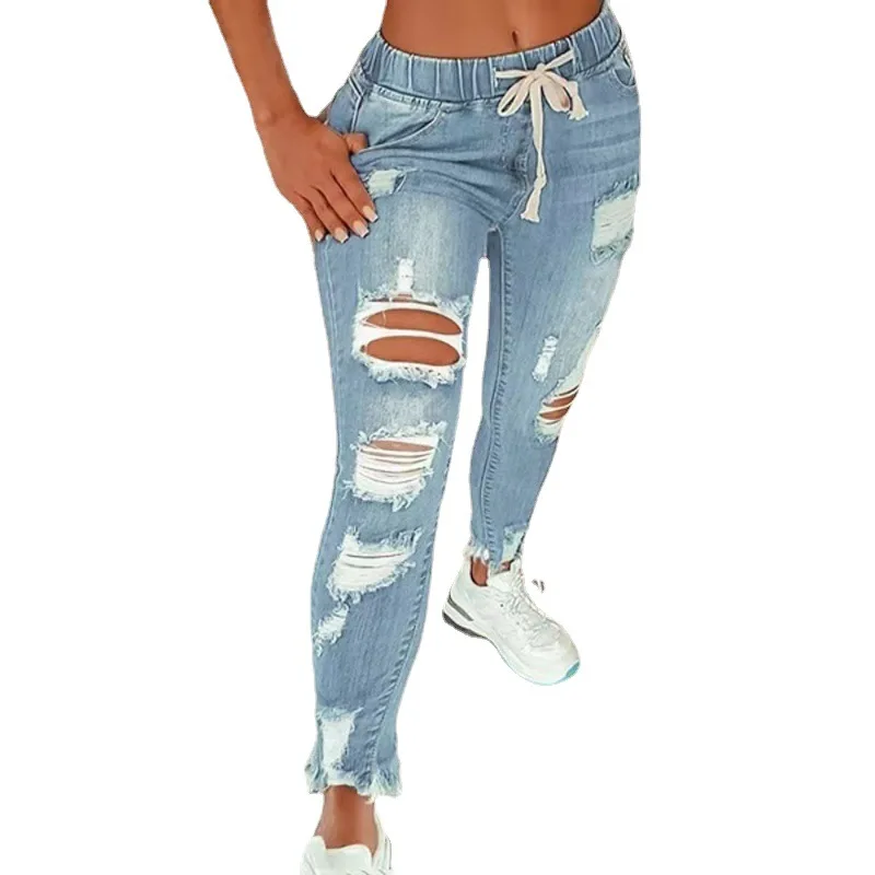 Jeans a vita alta elasticizzati a vita alta Pantaloni lunghi slim fit con foro strappato da donna Street Sle Summer Faion Denim premium da donna
