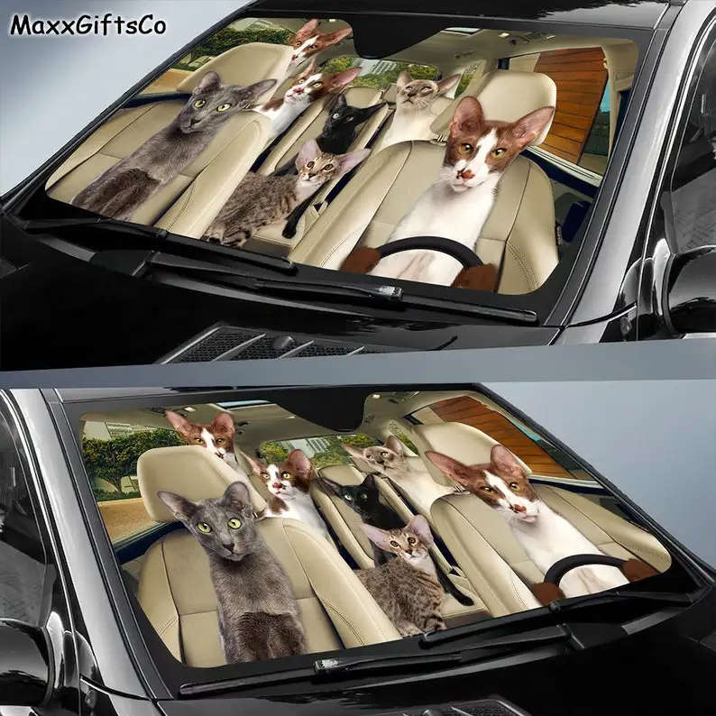 Oriental Shorthair Car Sun Shade, Cats Windshield, Cats Family Sunshade, Cat Car Accessories, Car Decoration, Gift For Dad, Mom