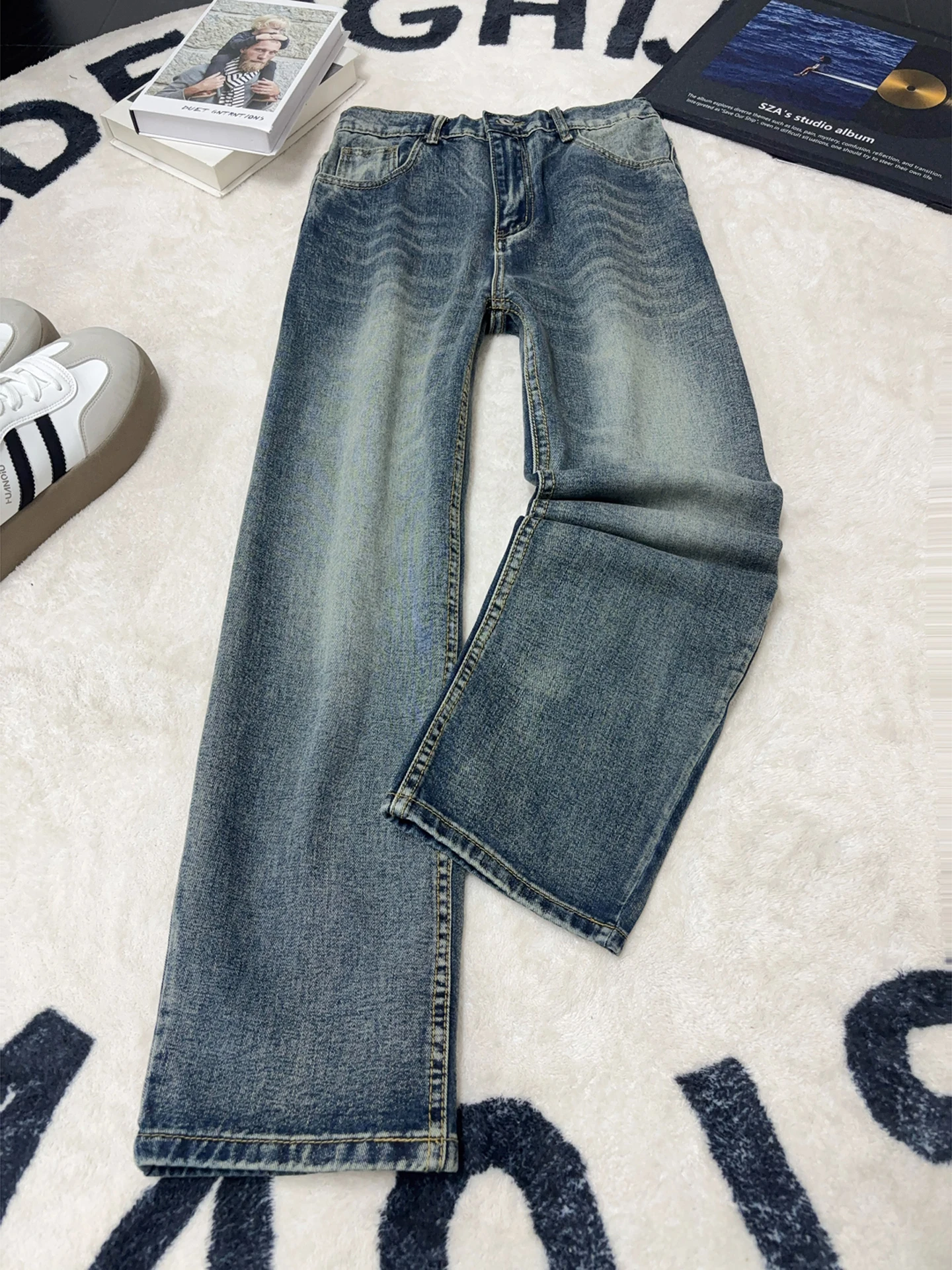 

Мужские джинсы Cleanfit Vintage Blue Straight Leg, повседневные свободные брюки в американском стиле High Street, длинные брюки свободного кроя
