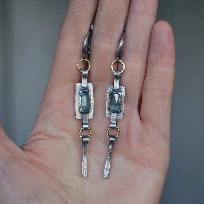 Extra Long Tribal Green Zircon Dangle Earrings for Women Vintage Jewelry Antique Metal Geomrtric Handmade Statement Earrings