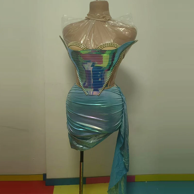 ブルーブラックレーザーパーティー衣装グループジャズダンスドレス女性ゴーゴーダンスコスチュームバードJステージショーフェスティバルドレスXS9966