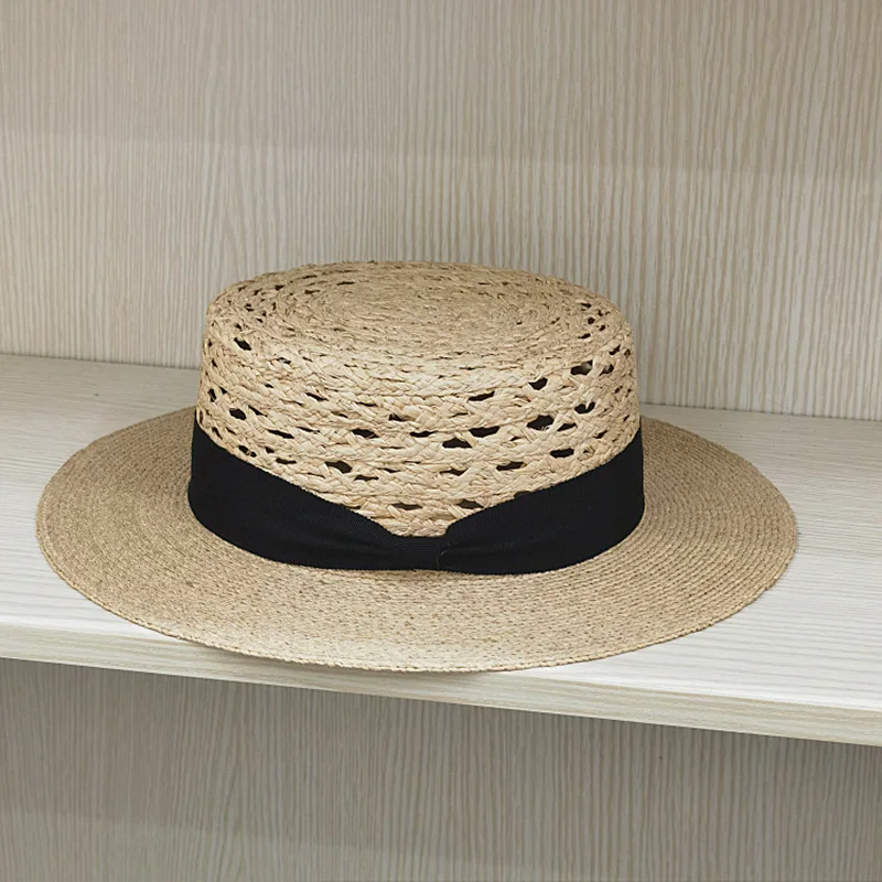 TOMKHU-Chapeau de paille à bords larges pour femme, haut plat, Lafite, nouveau, printemps, été, accessoires de ruban, chapeau de soleil creux,