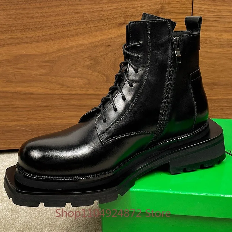 Genuine Leather Combat Boots Men's Shoes Thick Sole Side Zipper Lace‑up Chelsea Casual Walking Motorcycle Autumn/Winter Boots