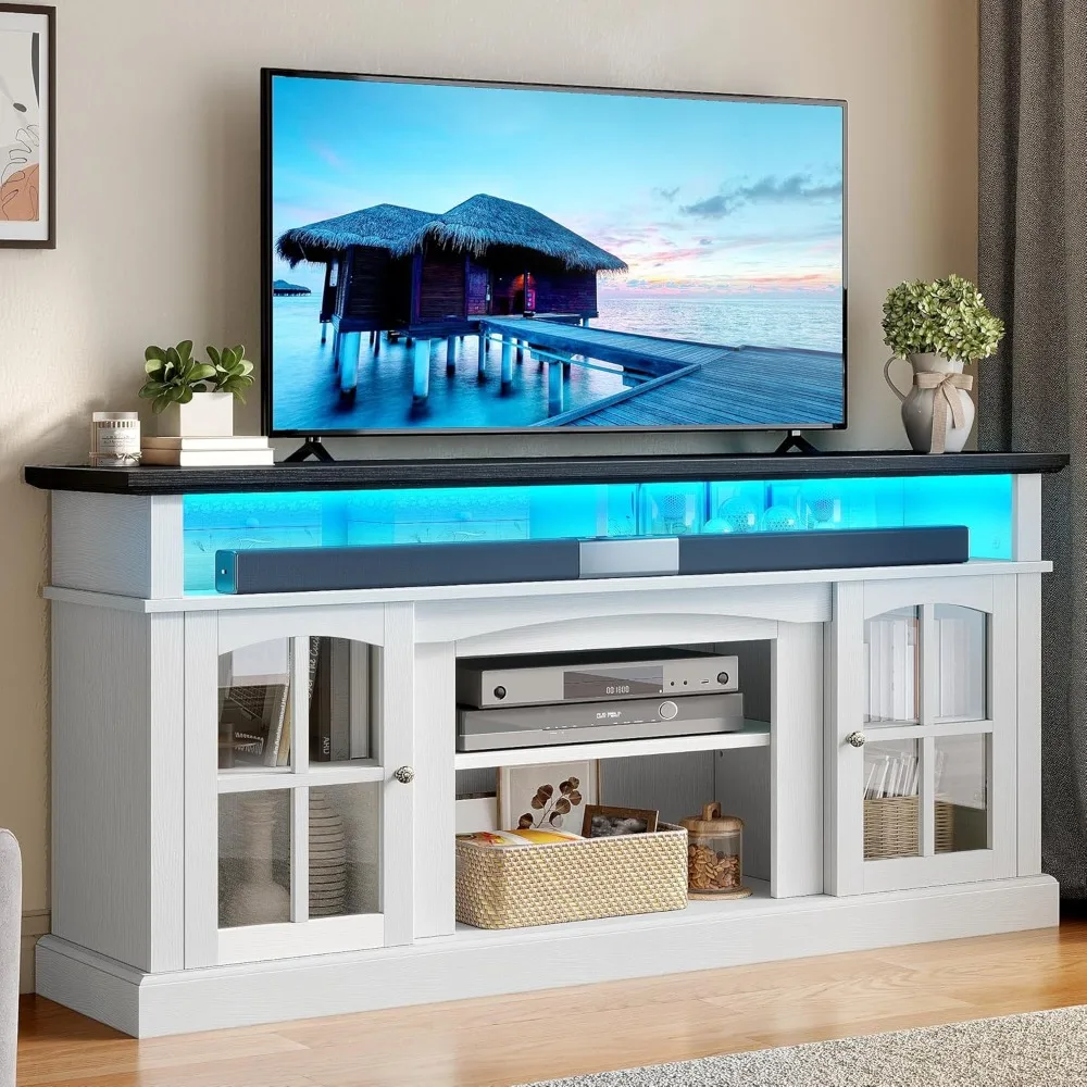 

LED Farmhouse TV Stand for 75 Inch w/Outlets, Modern Entertainment Center with Glass Doors and Adjustable Storage Shelv