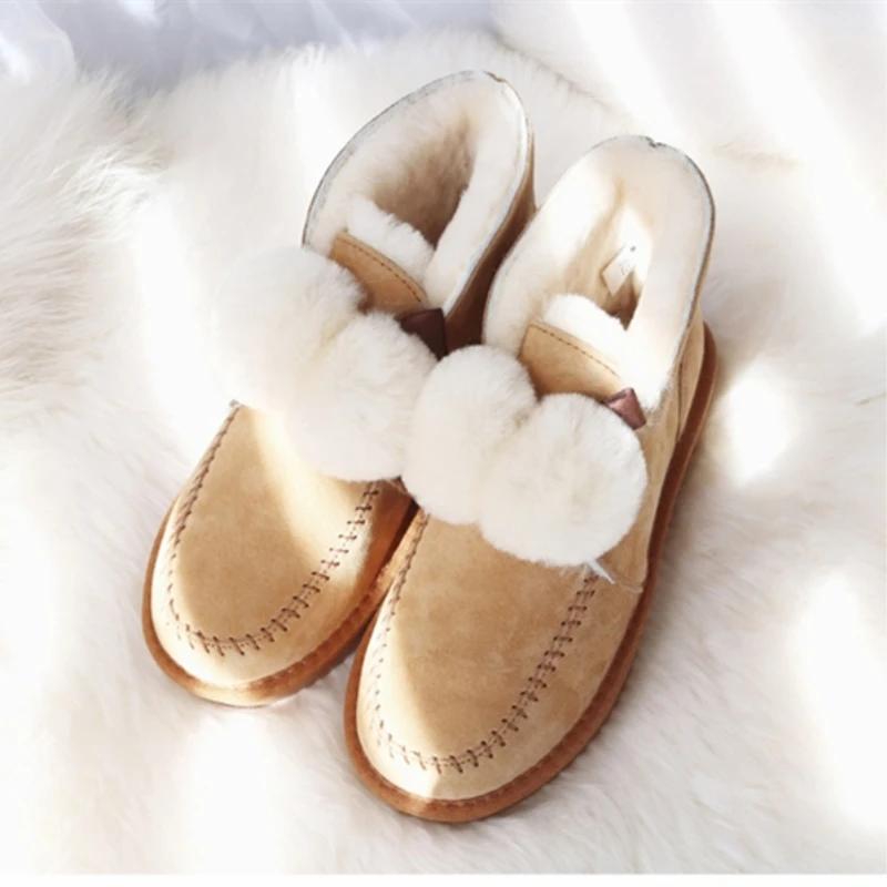 G&Zaco Sheep Fur Wool Boots Women Wool Shoes Sheepskin Snow Boots Winter Suede Ball Ankle Boot Genuine Leather Flat Fashion Shoe