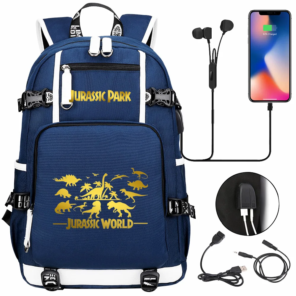 New Gold Jurassic Park Dinosaur USB Boy Girl Kids Book Bags Large Capacity Teenagers Schoolbags Women Men Laptop Travel Backpack